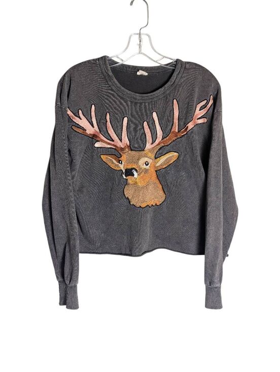 Anthropologie Tops - Tiny Anthropologie reindeer embroidered gray crop top cotton sweatshirt women M